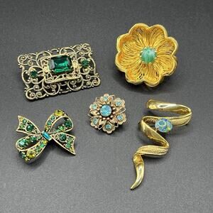 5 Vintage Brooches Pins Gold Silver Green Blue Flower Bow Swirl Antique Gems